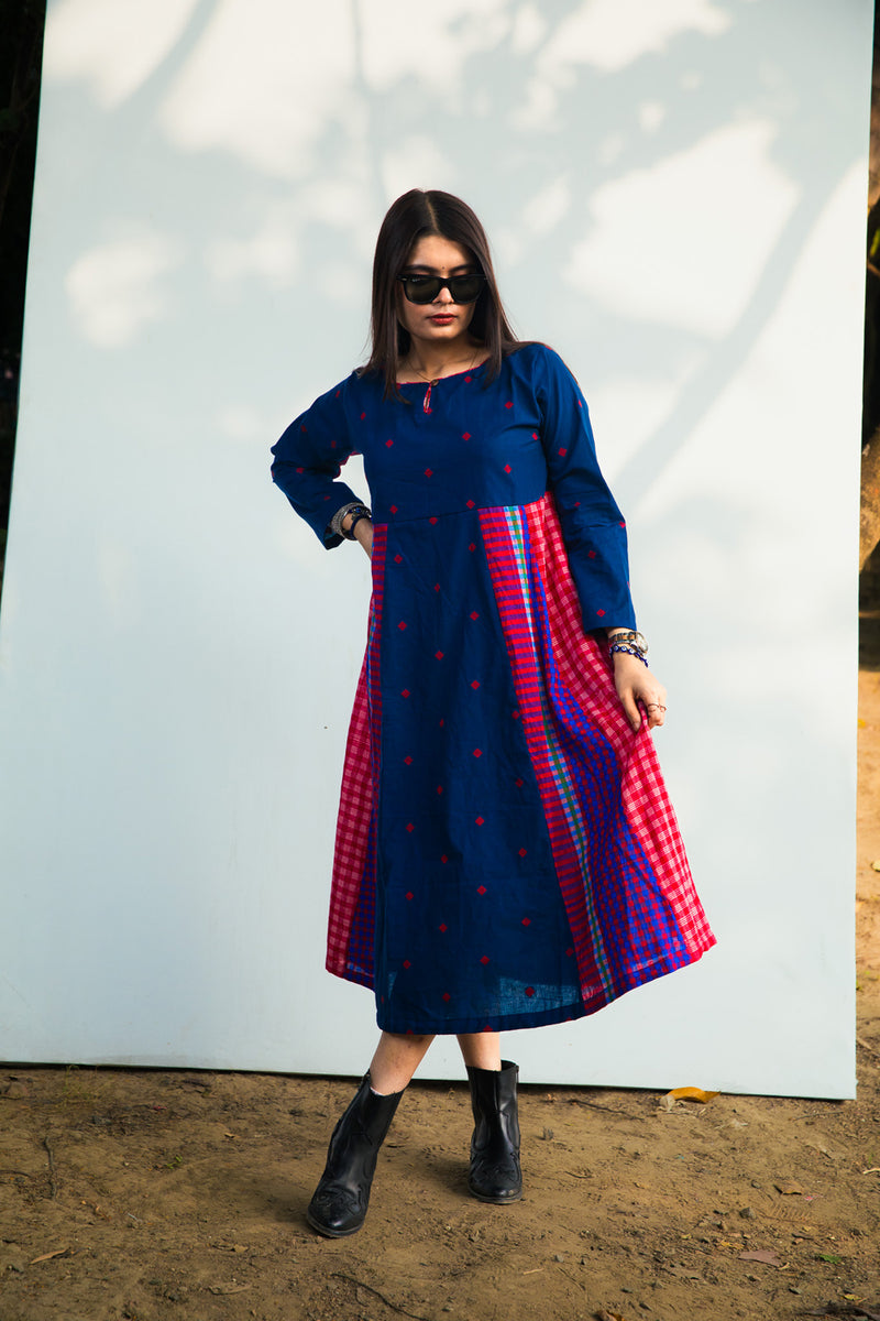 Cerulean Echo Dress cotton,gamcha dress by 145 East in blue, purple for women Worldwide