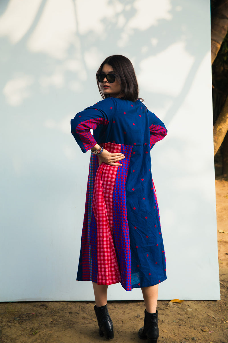 Cerulean Echo Dress cotton,gamcha dress by 145 East in blue, purple for women Worldwide