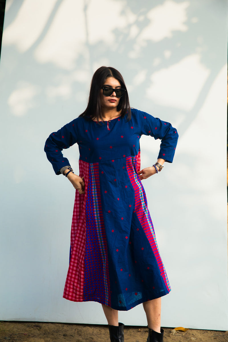 Cerulean Echo Dress cotton,gamcha dress by 145 East in blue, purple for women Worldwide