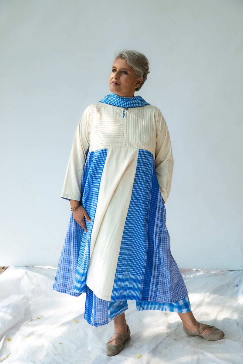 Blue Side Panelled Dress with Pintucks + Palazzo + Dupatta Set cotton,gamcha co-ord set by 145 East in white, blue for women Worldwide