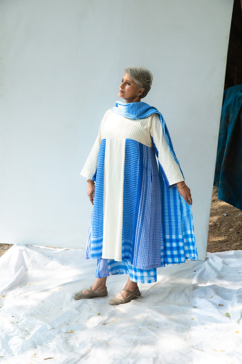 Blue Side Panelled Dress with Pintucks + Palazzo + Dupatta Set cotton,gamcha co-ord set by 145 East in white, blue for women Worldwide