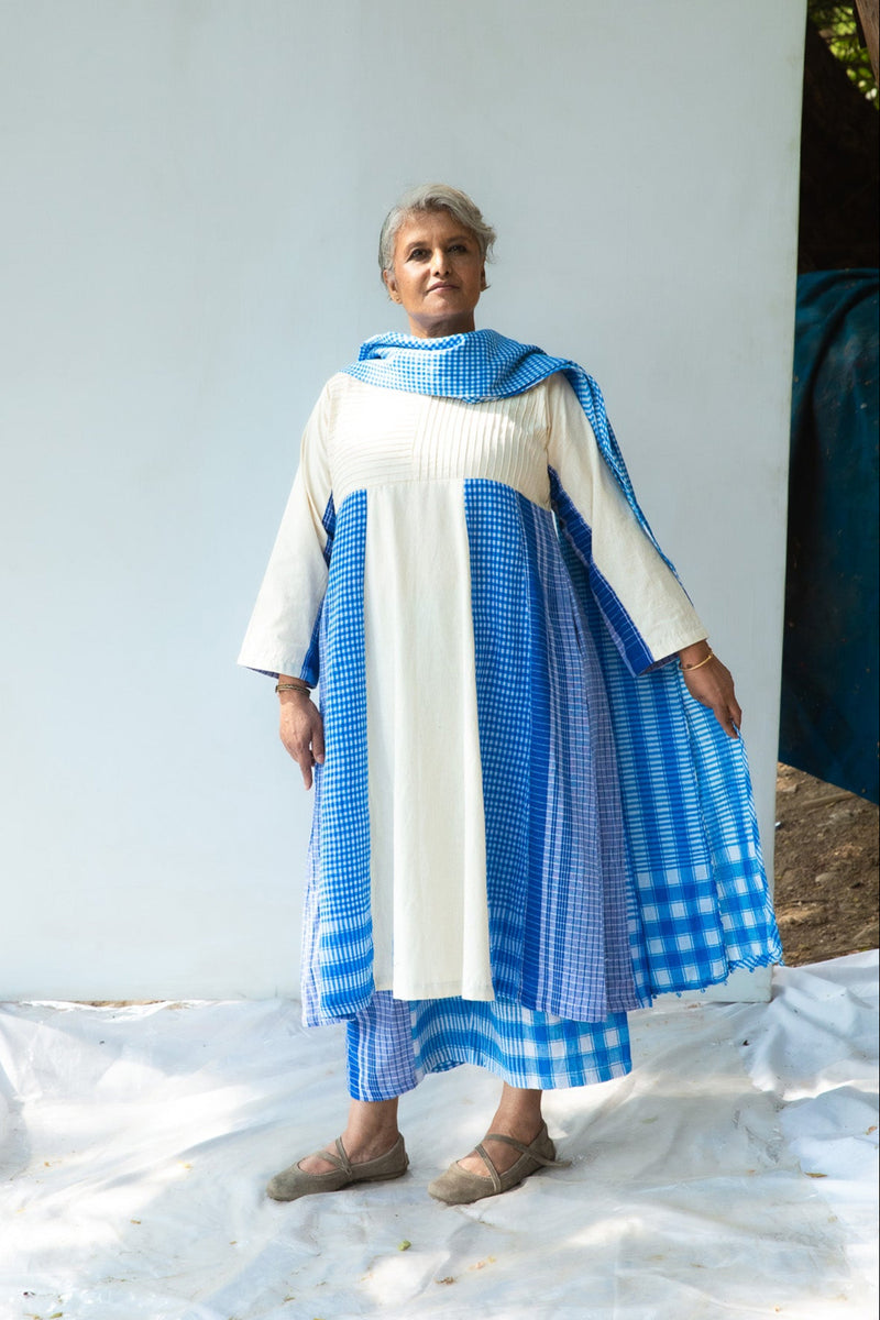 Blue Side Panelled Dress with Pintucks + Palazzo + Dupatta Set cotton,gamcha co-ord set by 145 East in white, blue for women Worldwide