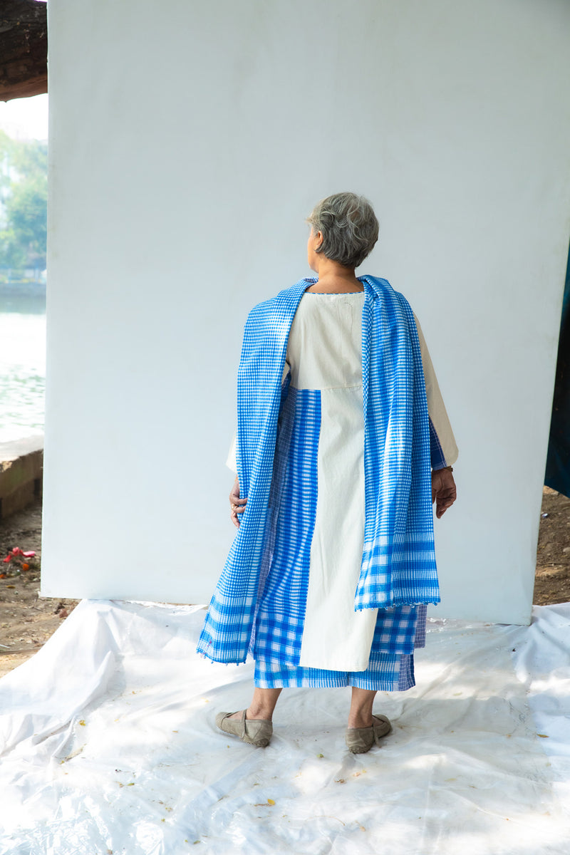 Blue Side Panelled Dress with Pintucks + Palazzo + Dupatta Set cotton,gamcha co-ord set by 145 East in white, blue for women Worldwide