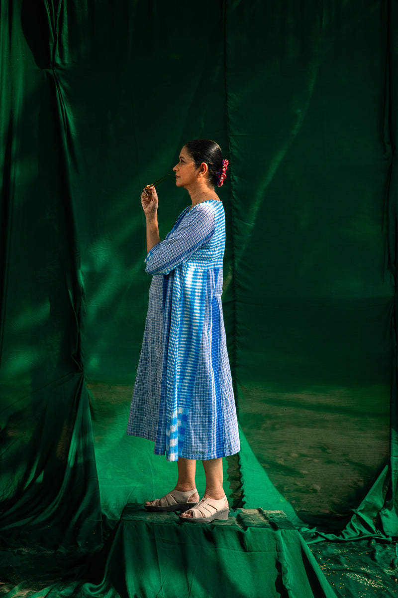 Blue Side Panelled Embroidered Dress gamcha dress by 145 East in blue for women Worldwide