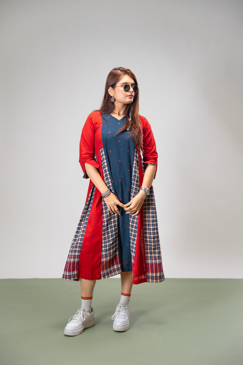 Poppy Set (Dress + Palazzo) cotton,gamcha co-ord set by 145 East in red, blue for women Worldwide