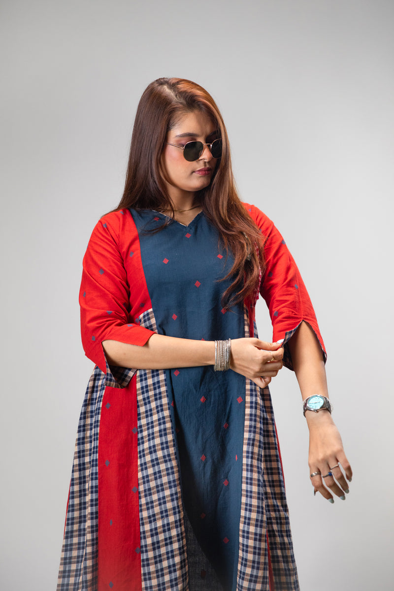 Poppy Set (Dress + Palazzo) cotton,gamcha co-ord set by 145 East in red, blue for women Worldwide