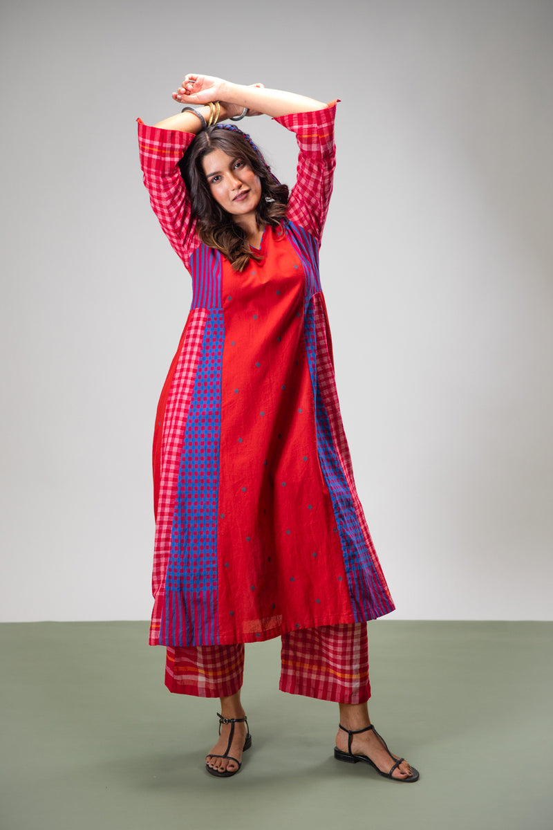Amethyst Set (Dress + Palazzo) cotton,gamcha co-ord set by 145 East in red, purple for women Worldwide