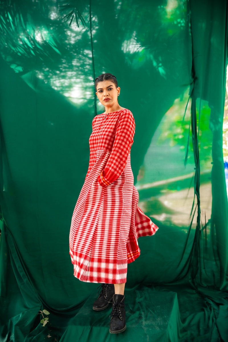 Side Panelled Big Book Red Dress gamcha dress by 145 East in red for women Worldwide