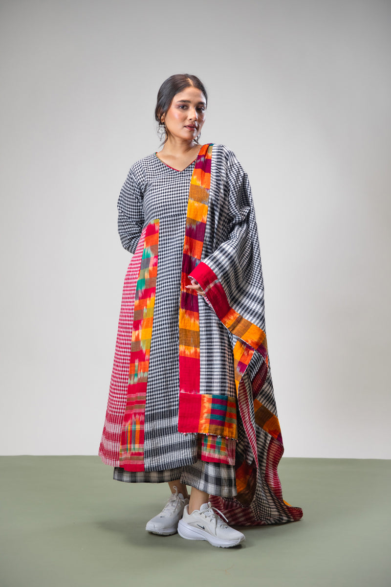 Halo Dress + Palazzo + Dupatta Set gamcha co-ord set by 145 East in black, red, multicolour for women Worldwide
