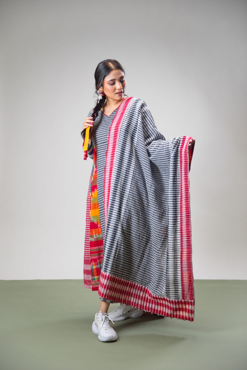 Halo Dress + Palazzo + Dupatta Set gamcha co-ord set by 145 East in black, red, multicolour for women Worldwide