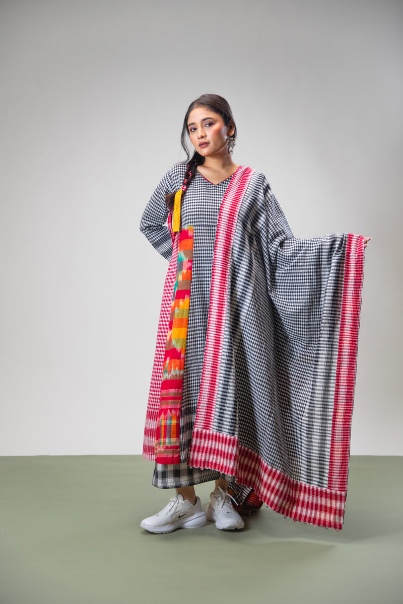 Halo Dress + Palazzo + Dupatta Set gamcha co-ord set by 145 East in black, red, multicolour for women Worldwide