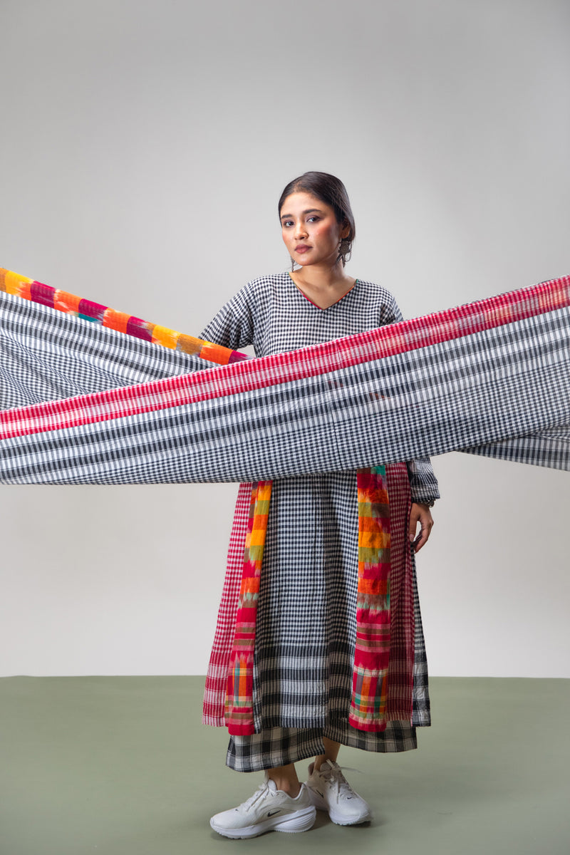 Halo Dress + Palazzo + Dupatta Set gamcha co-ord set by 145 East in black, red, multicolour for women Worldwide