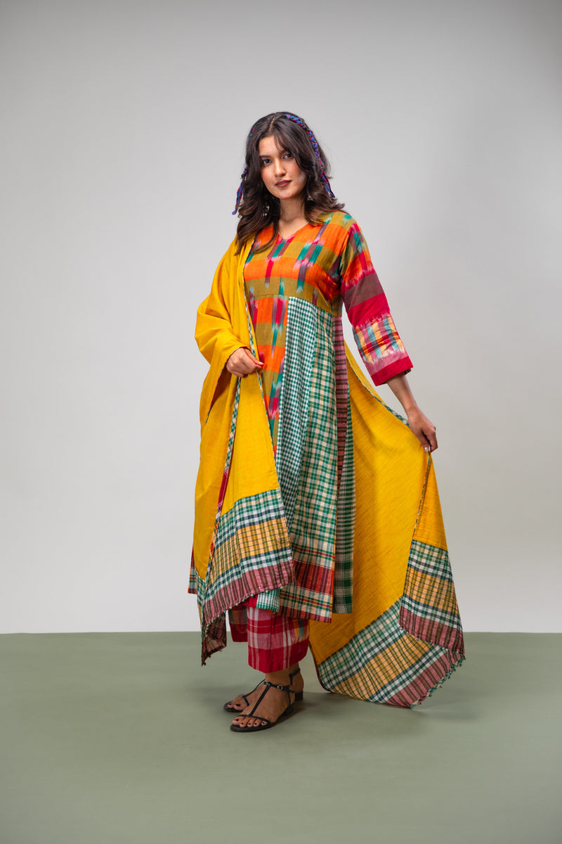 Aurelia Dress + Palazzo + Dupatta Set cotton,gamcha co-ord set by 145 East in multicolour, yellow, green for women Worldwide