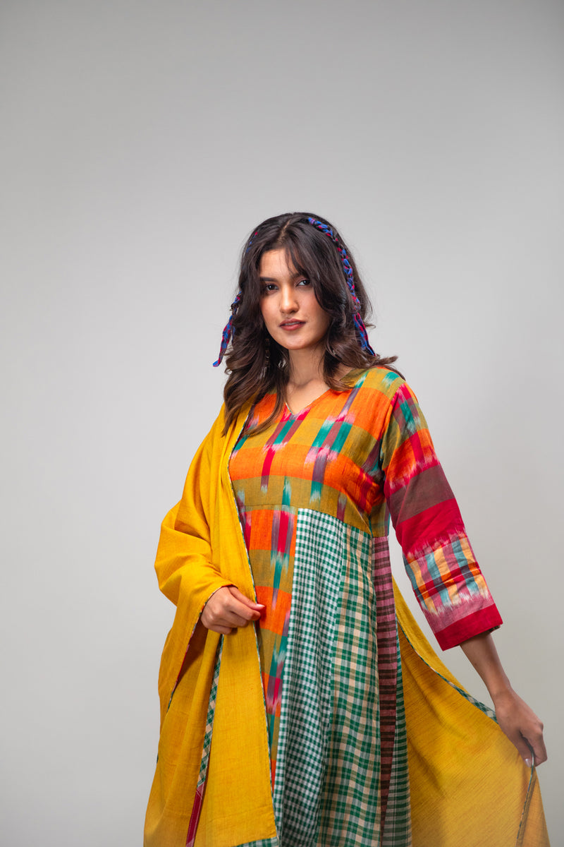 Aurelia Dress + Palazzo + Dupatta Set cotton,gamcha co-ord set by 145 East in multicolour, yellow, green for women Worldwide