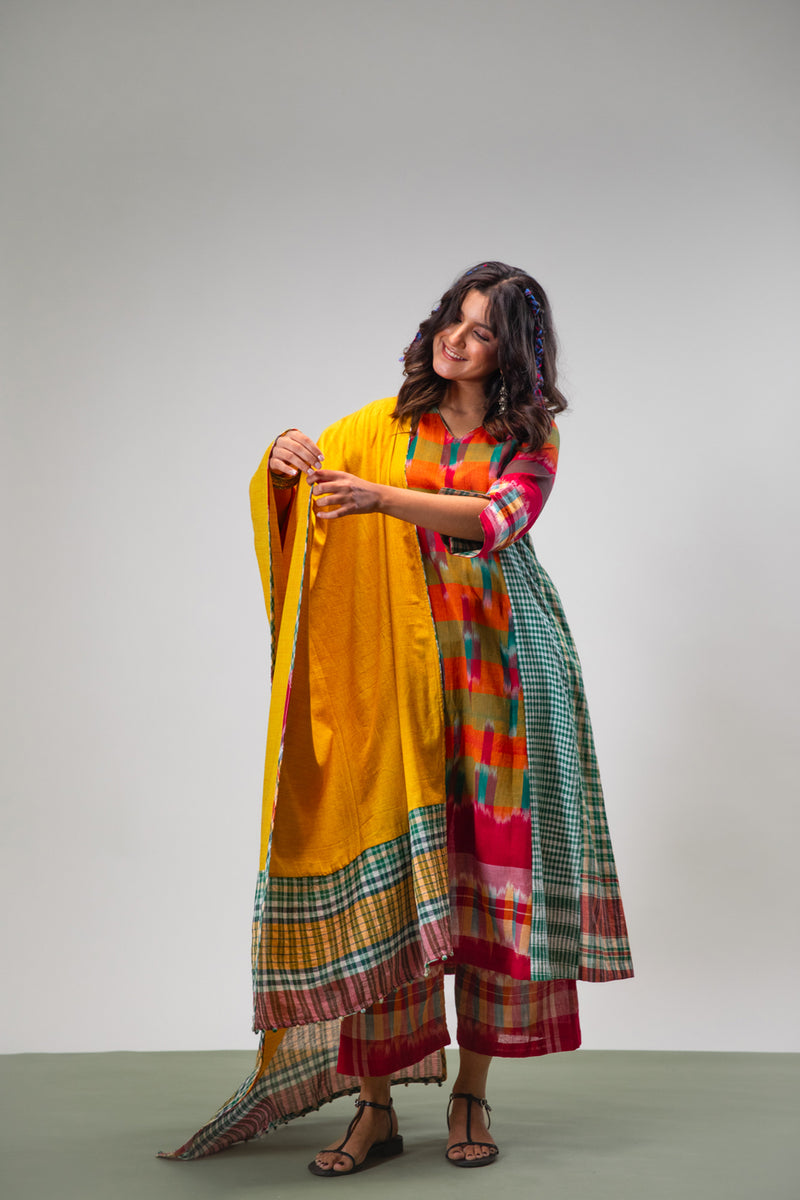 Aurelia Dress + Palazzo + Dupatta Set cotton,gamcha co-ord set by 145 East in multicolour, yellow, green for women Worldwide