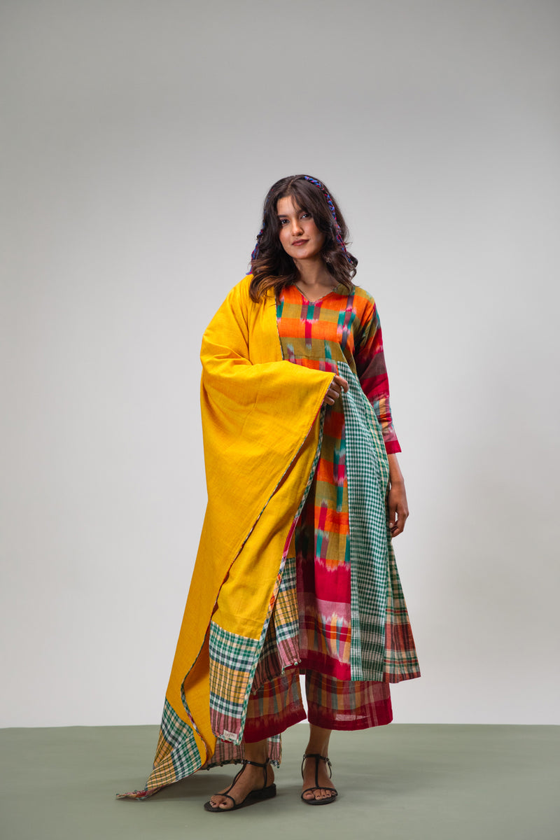 Aurelia Dress + Palazzo + Dupatta Set cotton,gamcha co-ord set by 145 East in multicolour, yellow, green for women Worldwide
