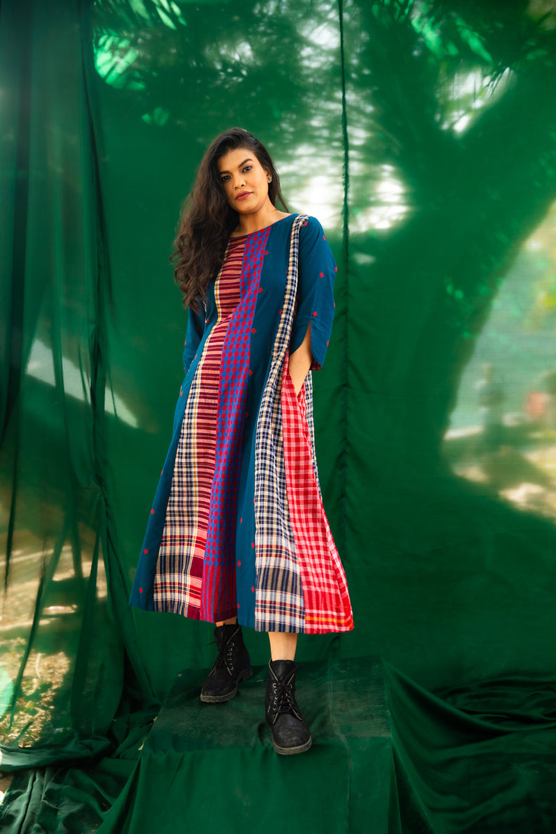 Deep Sea 16 Panelled Dress cotton,gamcha dress by 145 East in blue for women Worldwide