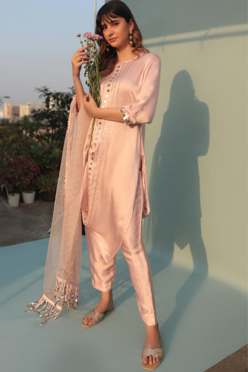 Saba Pink Kurta Set with Pant and Dupatta-SKCCLSTSC-2 satin by PRAHNAAYA in pink color for women Worldwide