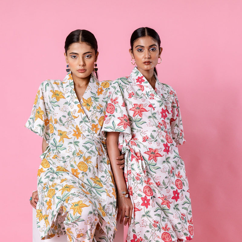 Pink Dahlia Kimono Co-Ord Co-ord Set by Marche in white color for women Worldwide