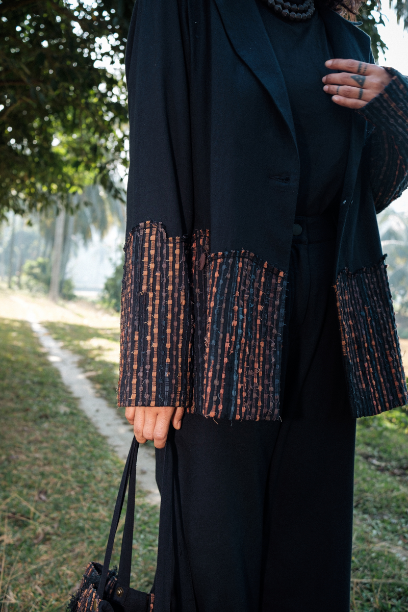 Upcycled Handwoven Ying Yang Blazer - Black Copper cotton by The Terra Tribe in black color for women Worldwide