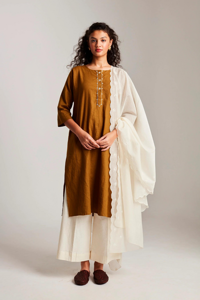 Olive Co-Linen Beaded Placket Kurta Set with Dupatta