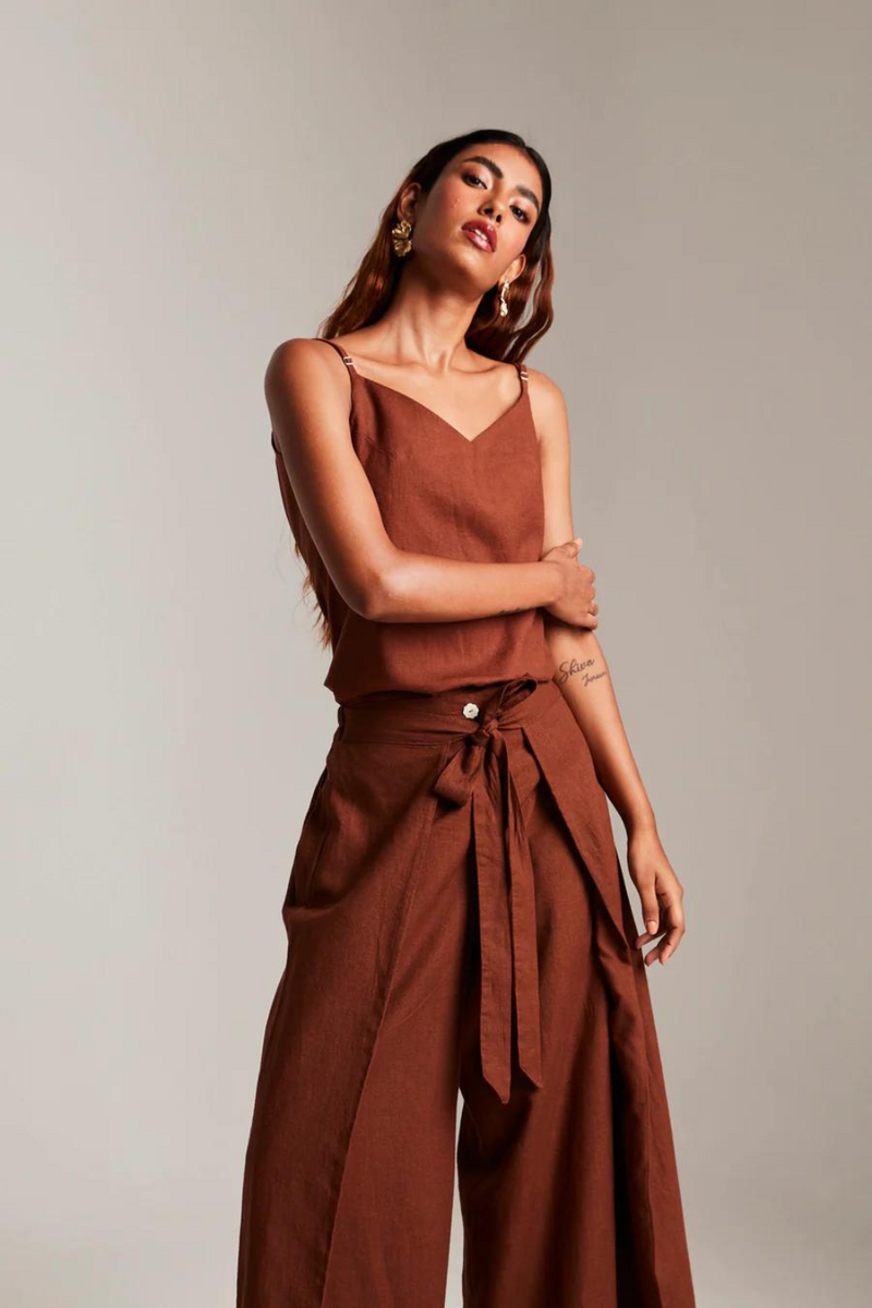 Mocha Co-Linen Camisole Top & Wrap Pants cotton by Saphed in brown color for women Worldwide