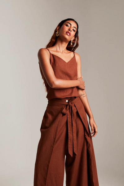 Mocha Co-Linen Camisole Top & Wrap Pants