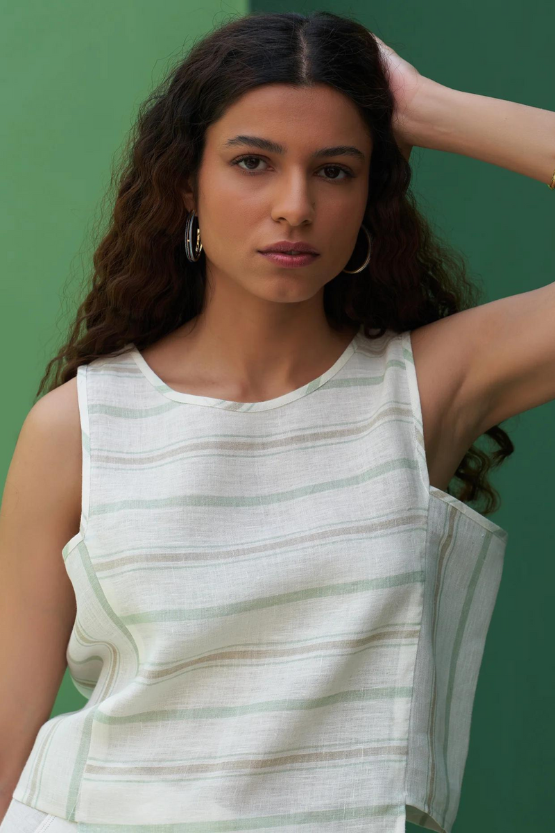 Jiho Striped Linen Crop Top
 - Mint linen by Manan in mint color for women Worldwide