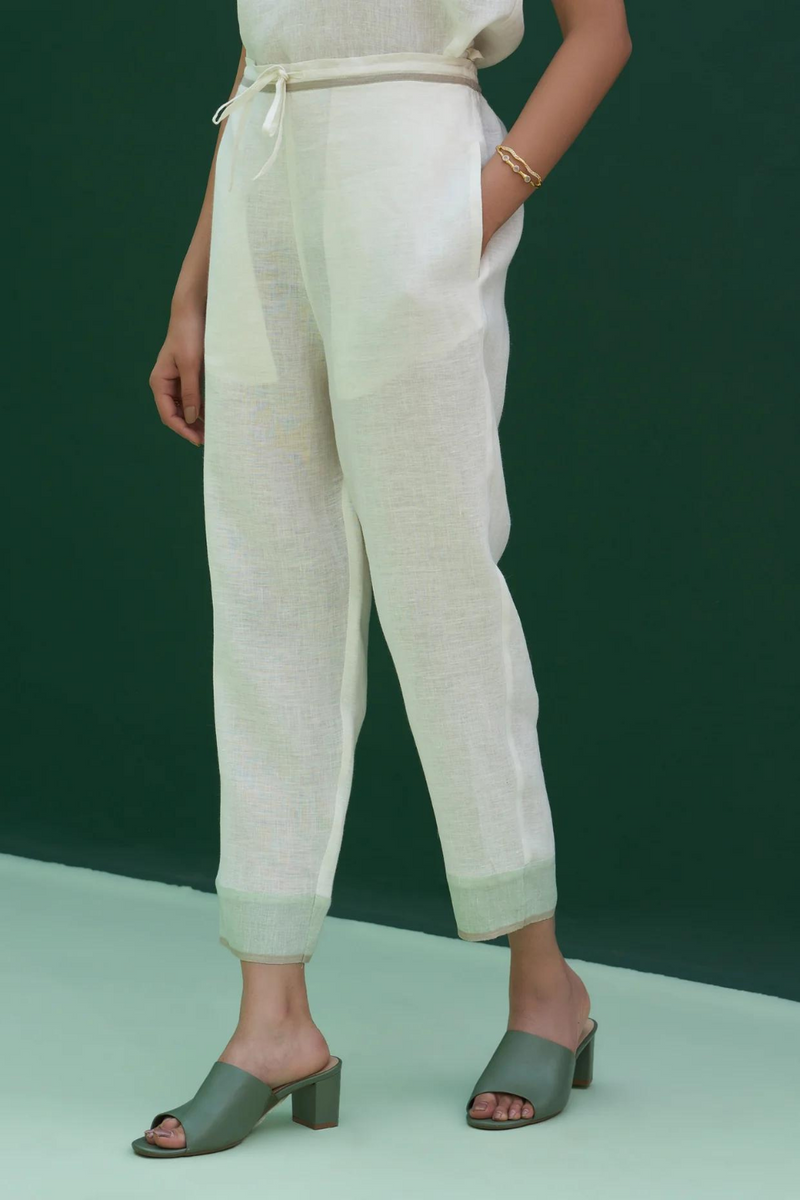 Inawi Border Linen Pant
 - Ivory linen by Manan in ivory color for women Worldwide