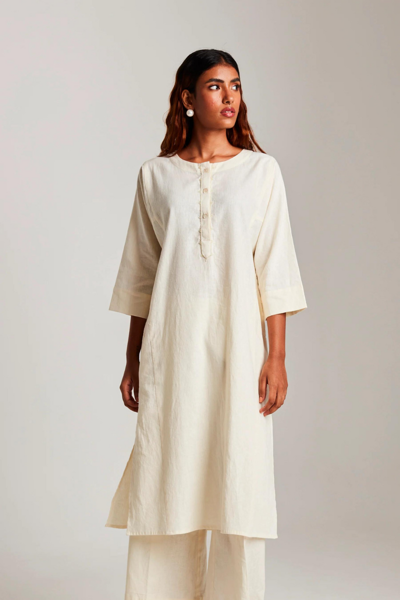 Vanilla Co-Linen Beaded Placket Kurta cotton by Saphed in white color for women Worldwide