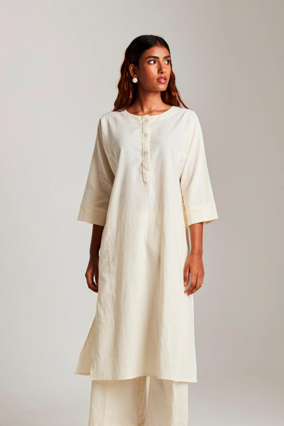 Vanilla Co-Linen Beaded Placket Kurta