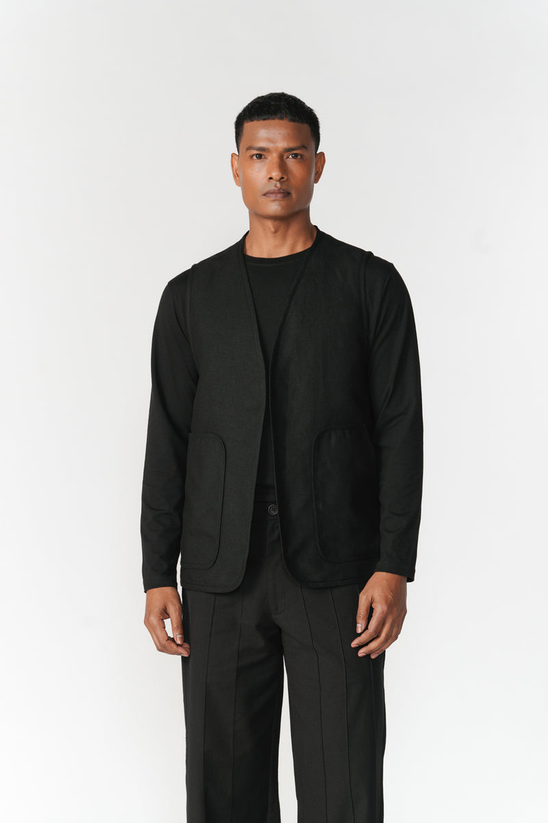 Reversible Linen-Chenille Vest jacket/overlay by Turn Black in black for men Worldwide