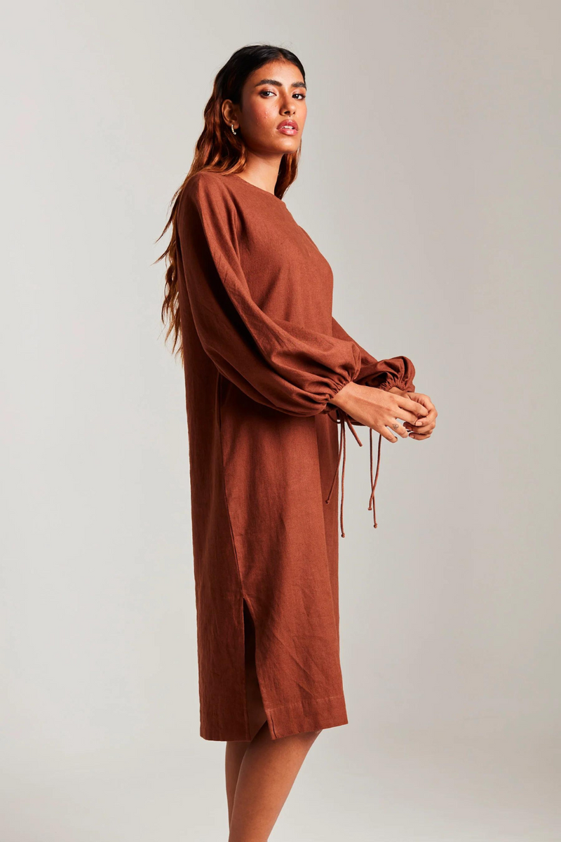 Mocha Co-Linen Balloon Sleeves Dress cotton by Saphed in brown color for women Worldwide