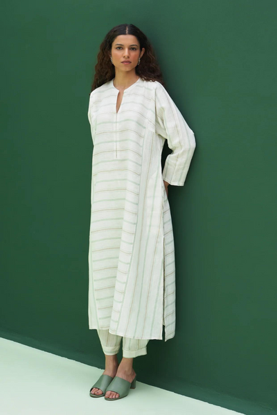 Ezra Striped Linen Kurta Set - Mint