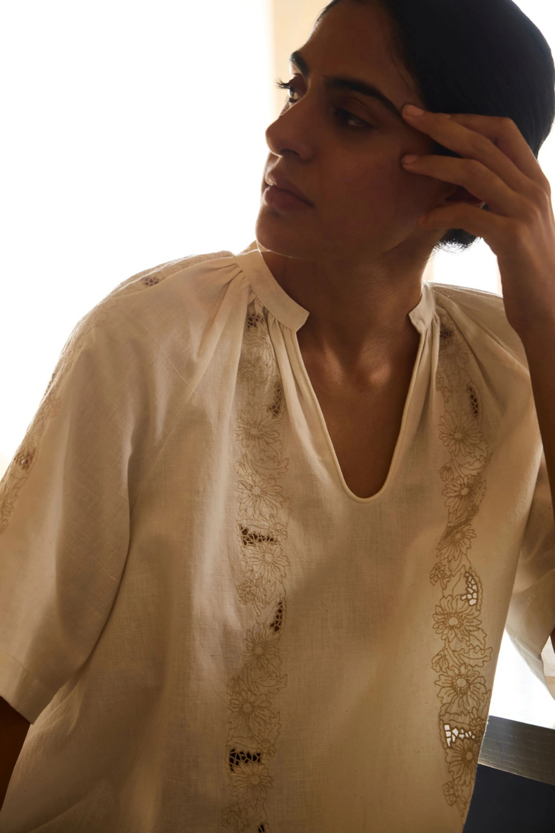 Bheer Handwoven Embroidered Top cotton by The Summer House in white color for women Worldwide