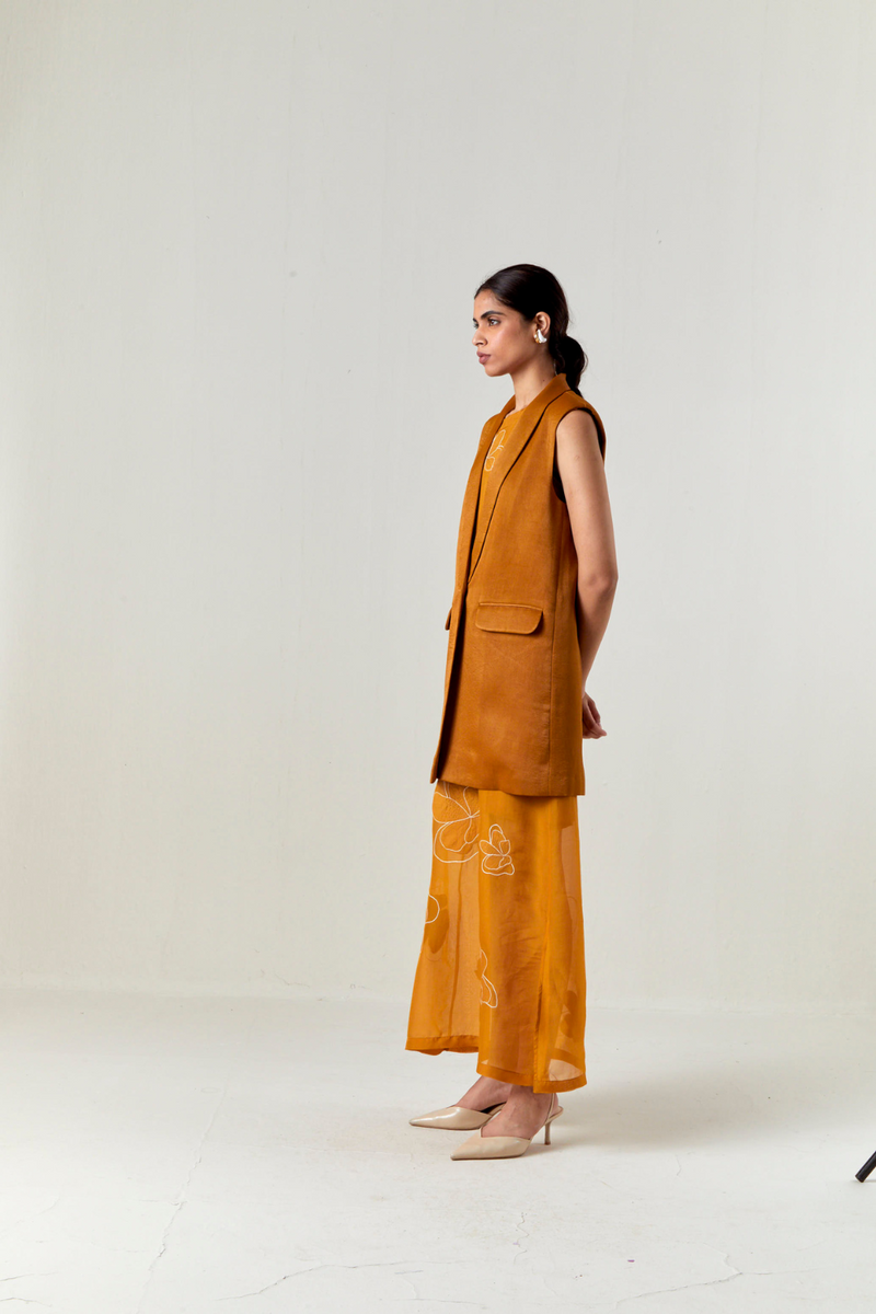 COLLARED WAIST COAT CO-ORD-OCHRE satin by THREE for women Worldwide