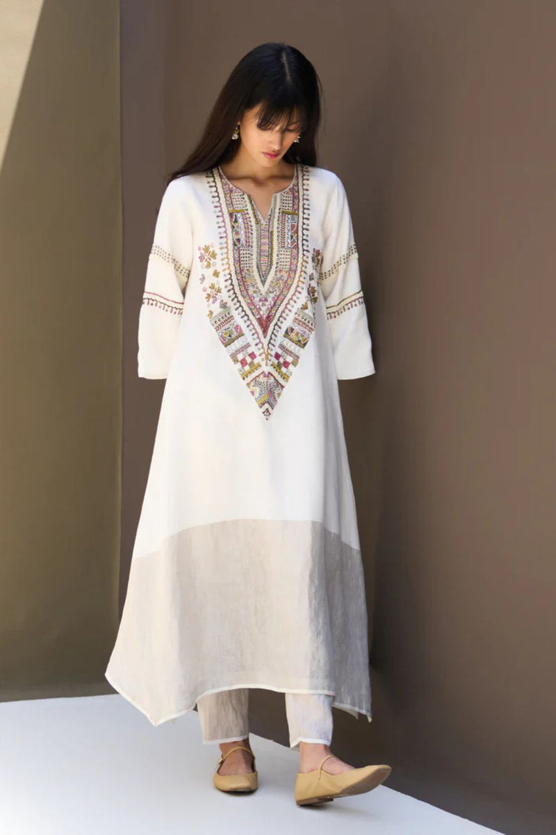 Afra Hand-Embroidered Kurta - Ivory linen by Manan in white color for women Worldwide