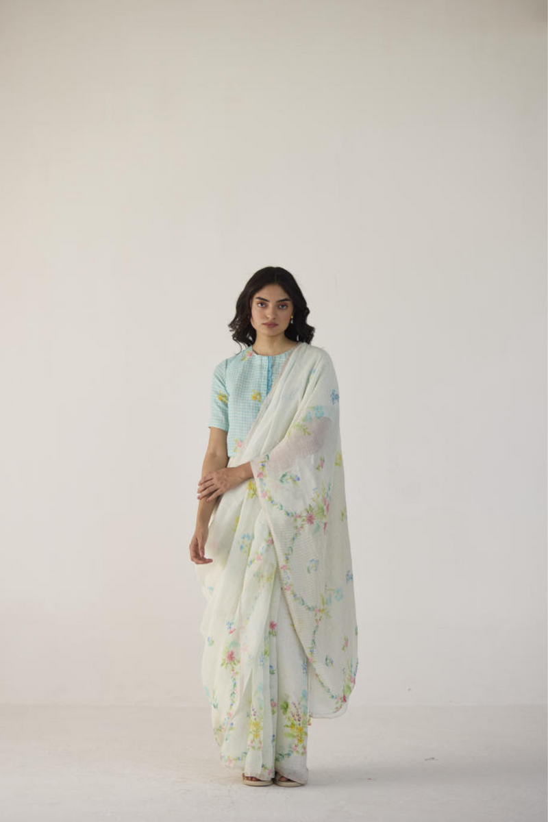 River Bank Linen Sari by Nadiya Paar in white color for women Worldwide