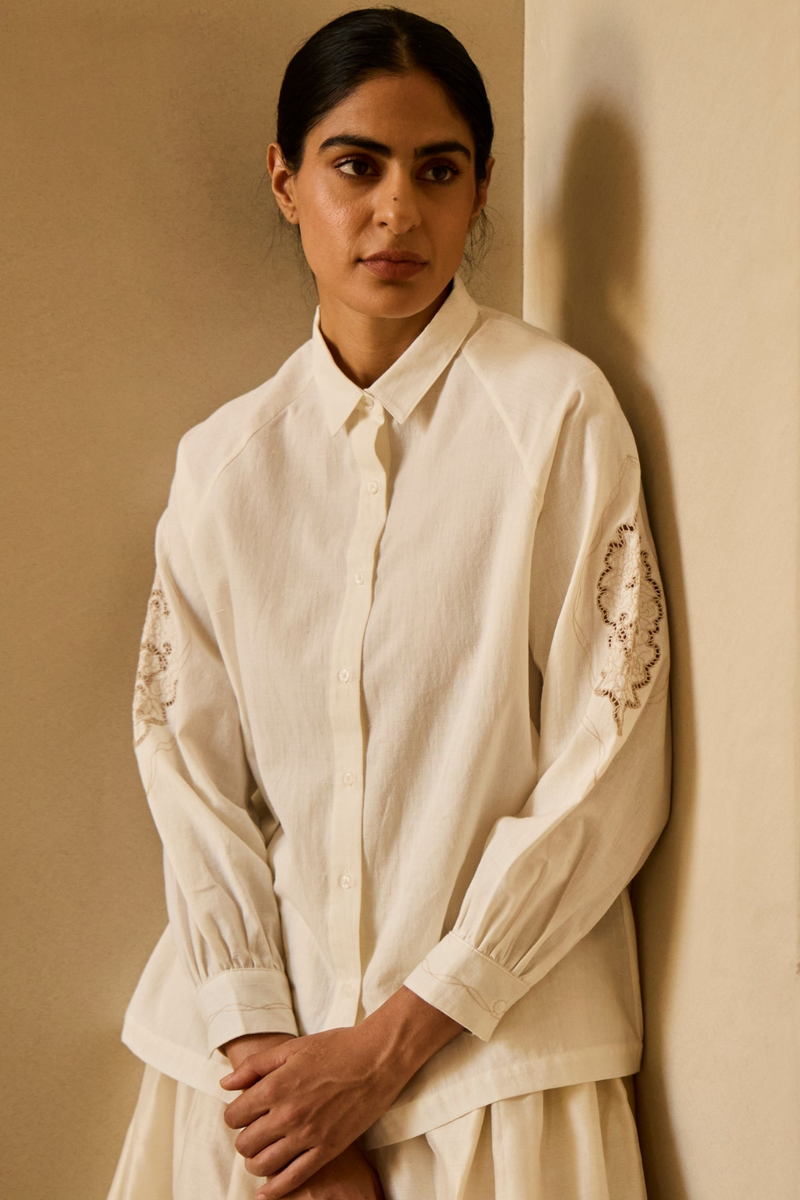 Yeji Handwoven Embroidered Shirt cotton by The Summer House in white color for women Worldwide