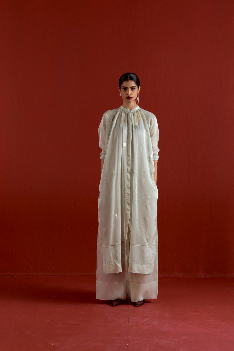 EMB. GATHER NECK SHIRT CO-ORD-METALLIC GREY tissue by THREE in grey color for women Worldwide