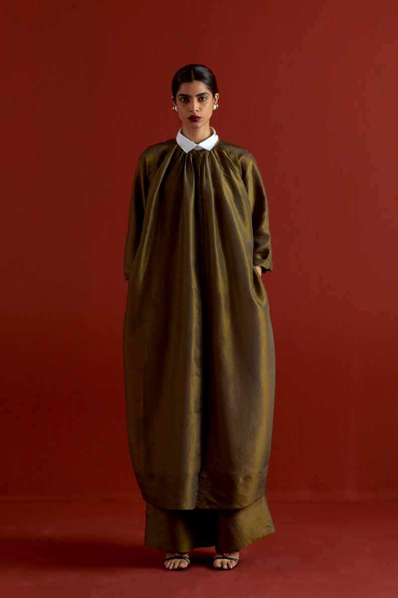 GATHER NECK SHIRT CO-ORD-OLIVE GOLD tissue by THREE in gold color for women Worldwide