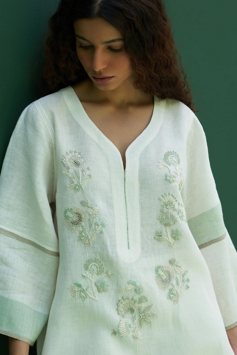 Insha Hand-Embroidered Kurta
 - Ivory linen by Manan in ivory color for women Worldwide