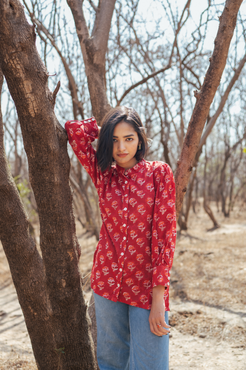 Jaipur Shirt - Handblock Printed Cotton Shirt cotton by Marche in red color for women Worldwide