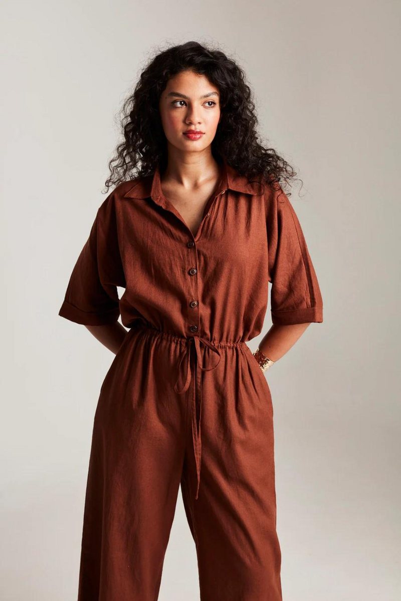 Mocha Co-Linen Boilersuit cotton by Saphed in brown color for women Worldwide