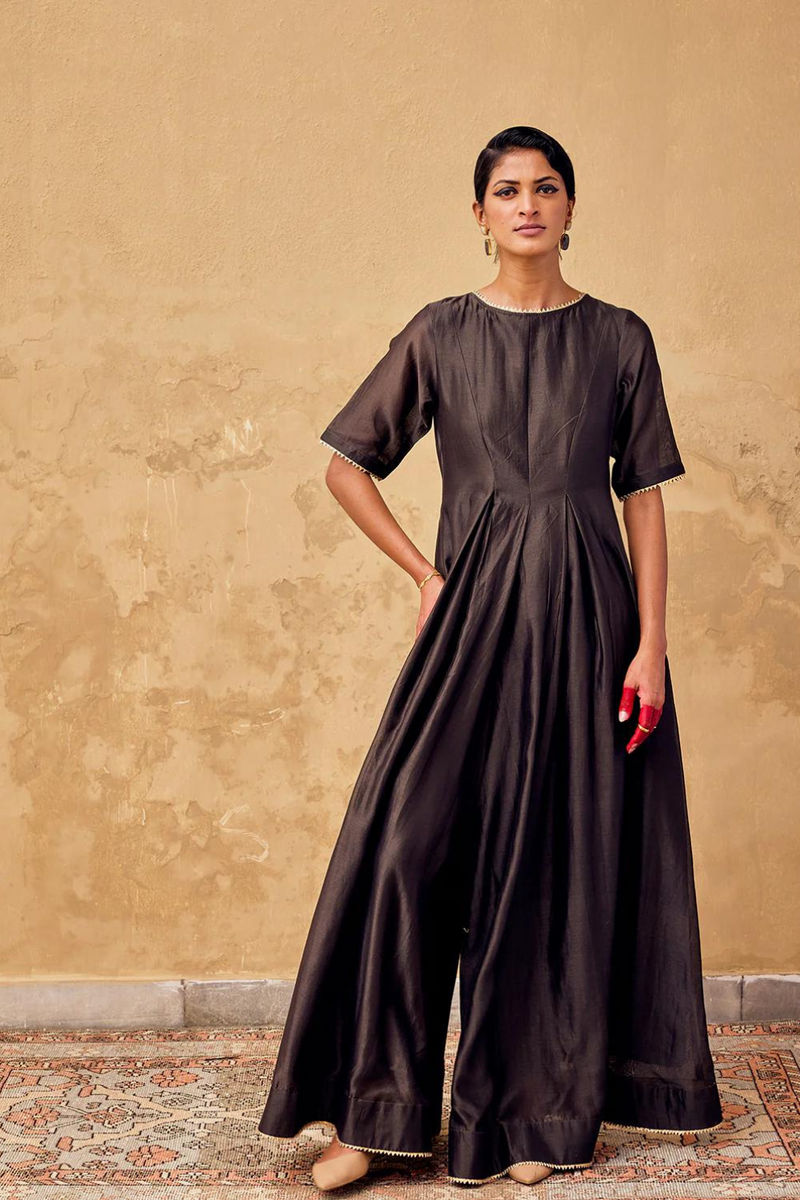 Shaam Jumpsuit chanderi by Khara Kapas in charcoal for women Worldwide