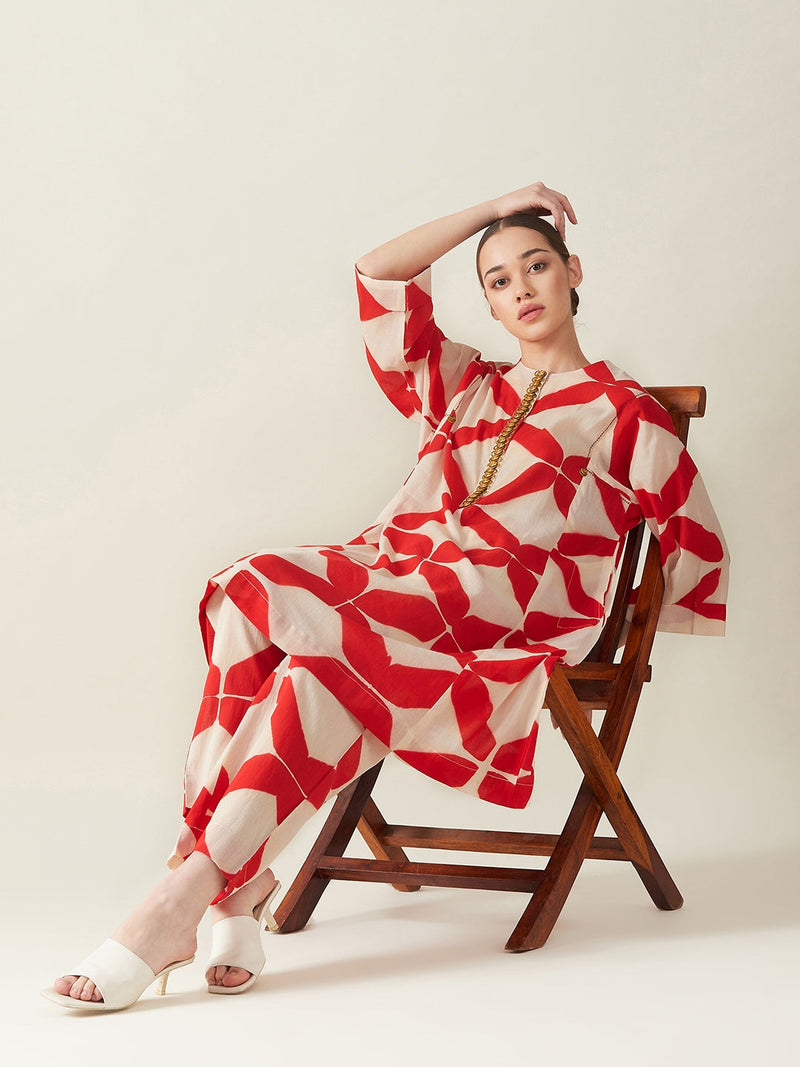 Red Clamp Dye Embroidered Co ord set cotton Artisan made - Block Printed by Aavidi for women Worldwide