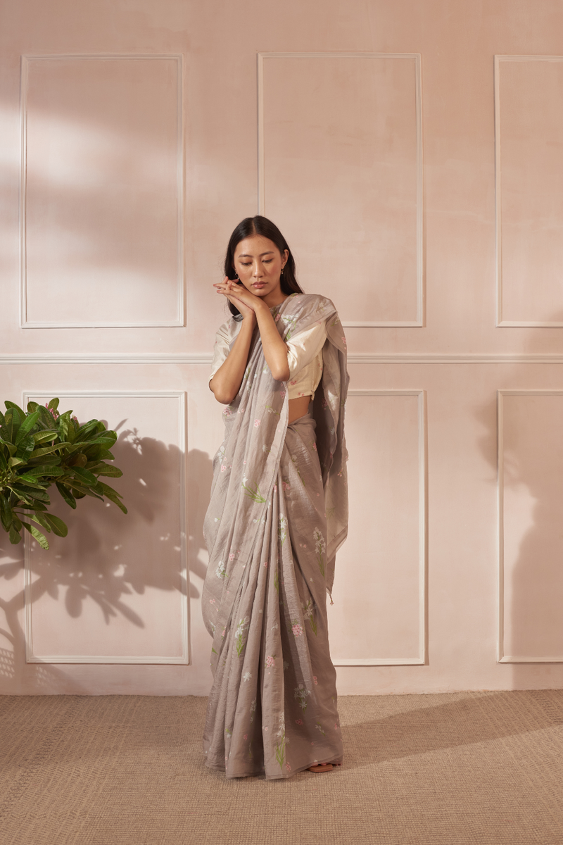 Rajnigandha and Periwinkle Mulberry Silk Sari silk by Nadiya Paar in brown color for women Worldwide