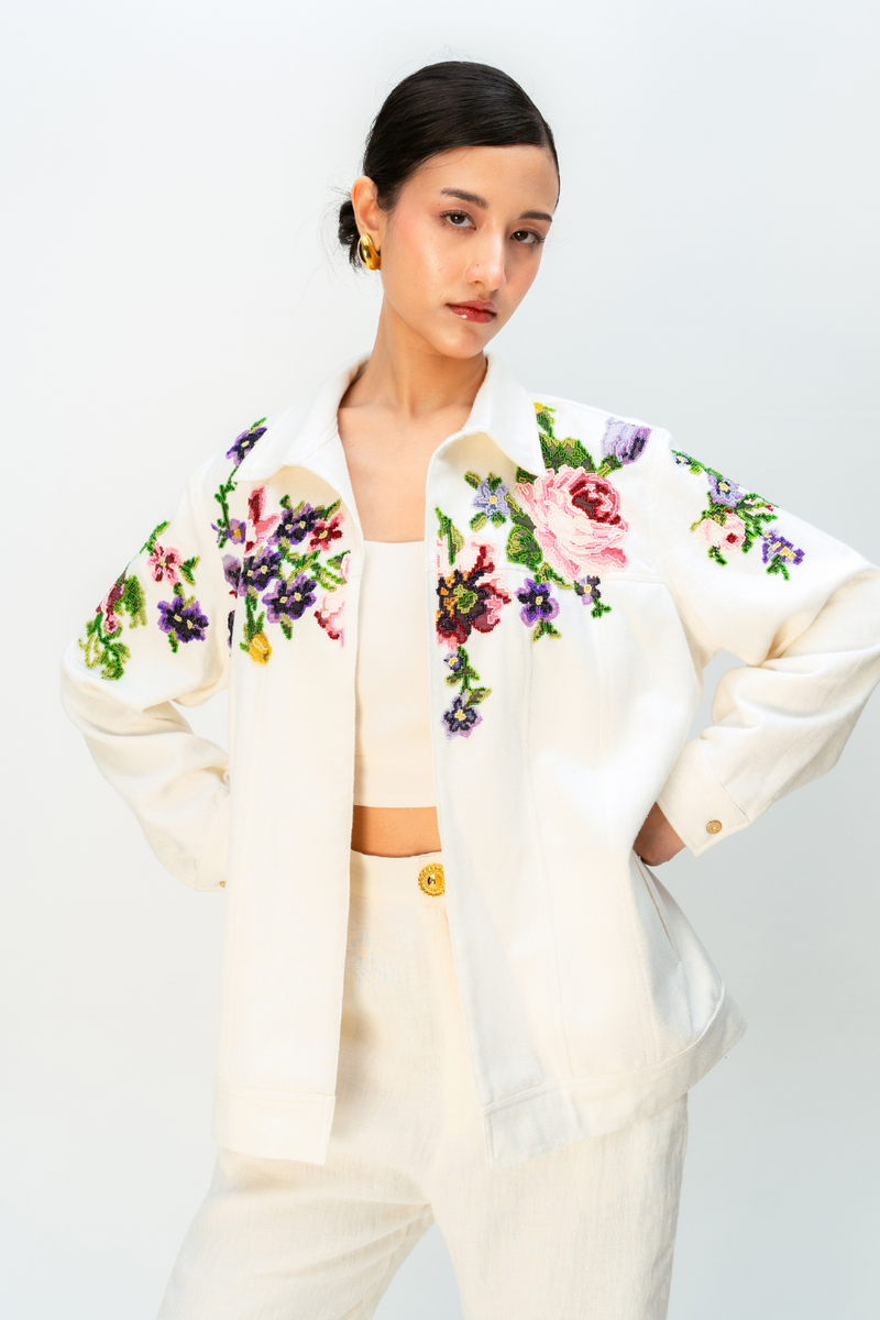 TINTS OF YOU JACKET handwoven denim jacket/overlay by Ode to Odd in off white for women Worldwide