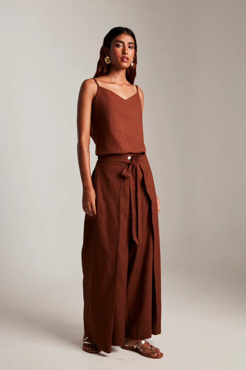 Mocha Co-Linen Wrap Pants cotton by Saphed in brown color for women Worldwide