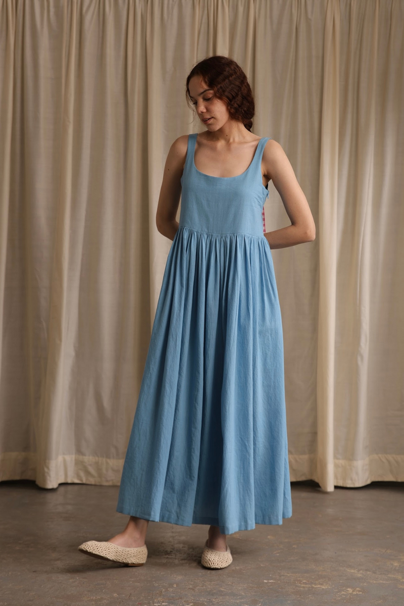 Mia Dress- Cornflower cotton by MASON AND MILL in blue color for women Worldwide
